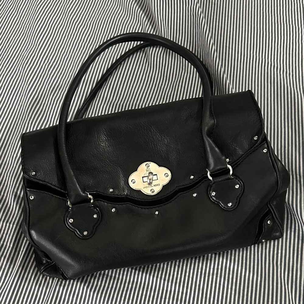 Michael Kors Black Leather Satchel with Silver Accents